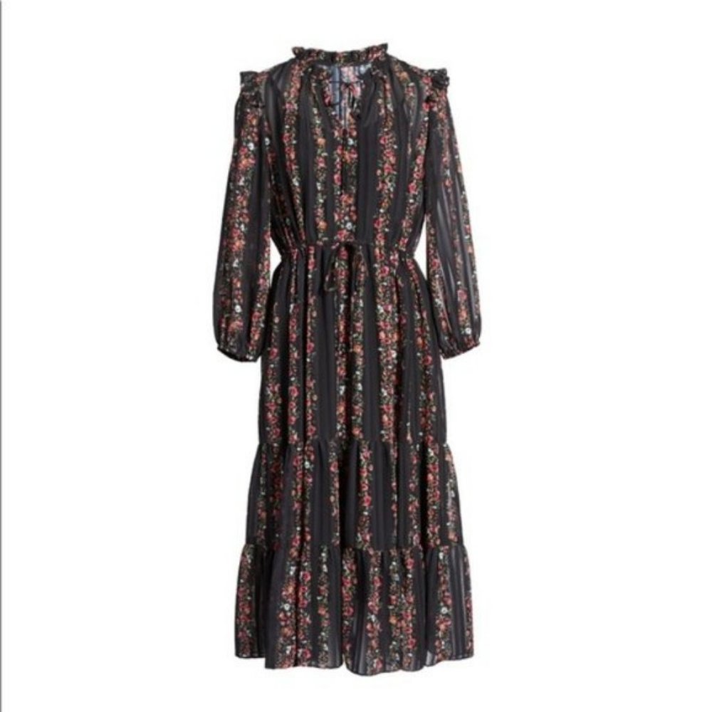 Julia Jordan Black Striped Floral Blouson Billow Long Sleeve Chiffon Dress Nwt 8